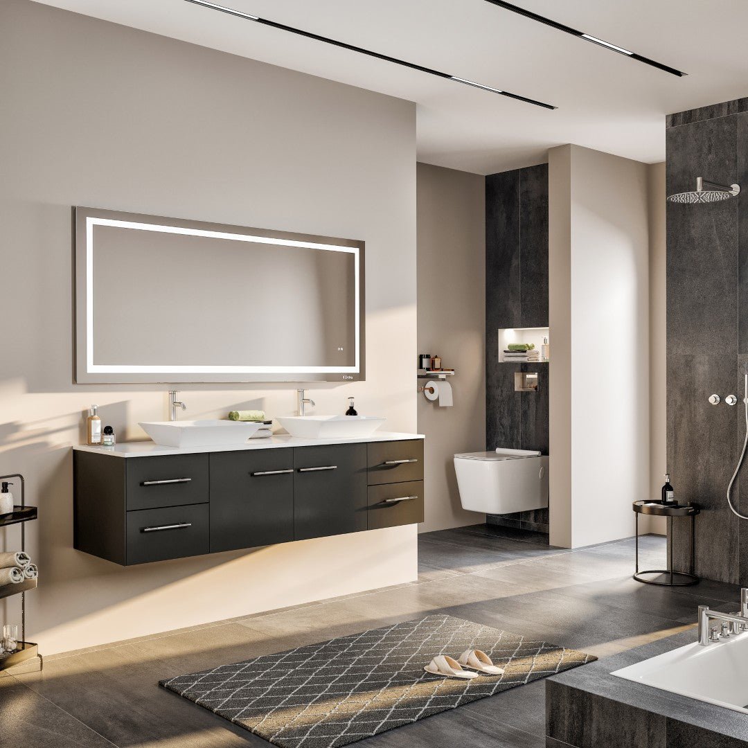 Wave 60 in. Espresso Wall Mount Double Sink Bath Vanity with White Quartz Top and Vessel Porcelain Sinks - Bathroom Vanity by Eviva