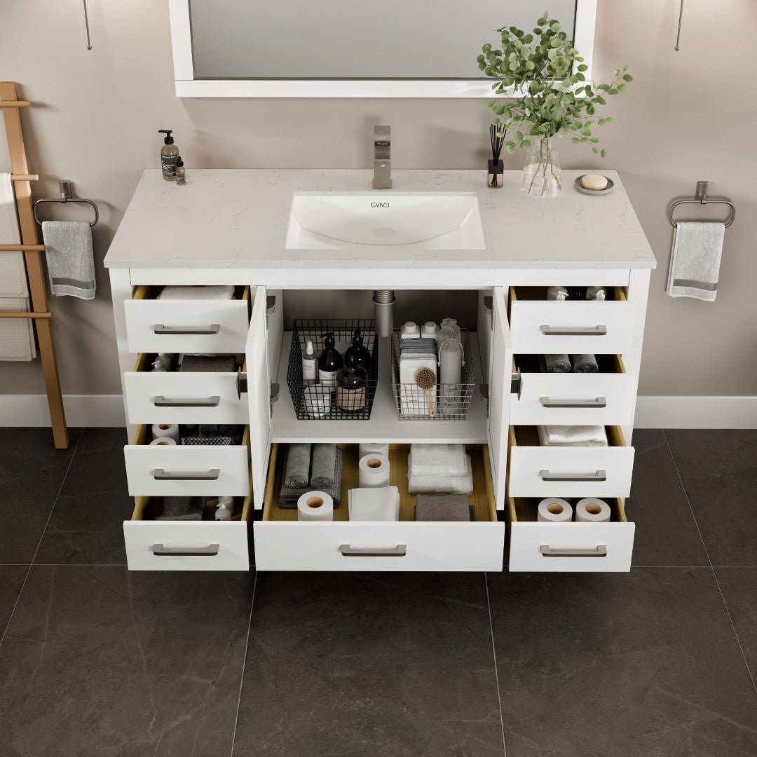 London 54 in. White Single Sink Bath Vanity with Carrara Quartz Top and Undermount Porcelain Sink - Bathroom Vanity by Eviva