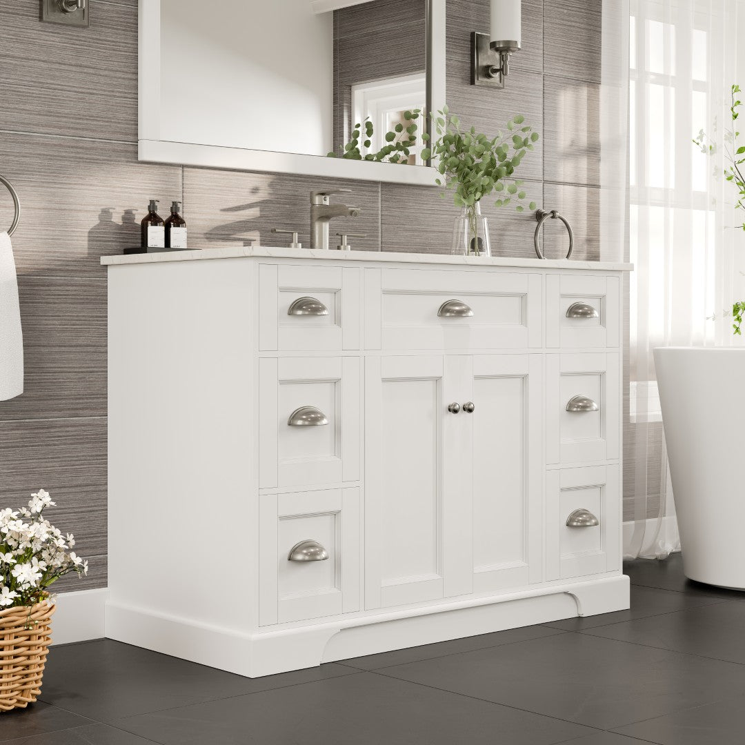 Epic 48 in. White Single Sink Bath Vanity with Carrara Quartz Top and Undermount Porcelain Sink
