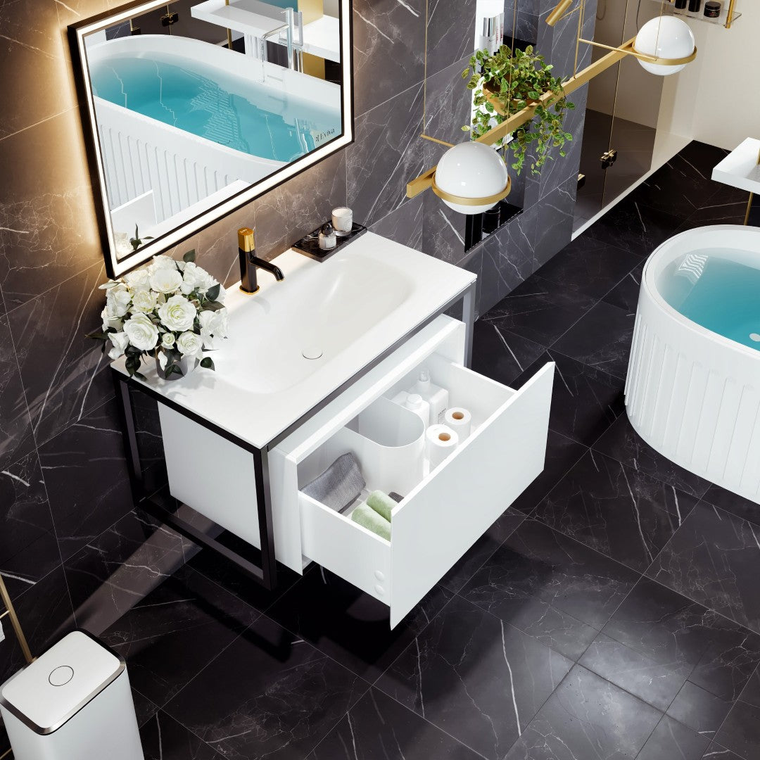 Modena 32 in. White Wall Mount Single Sink Bath Vanity with Solid Surface Top and Integrated Sink