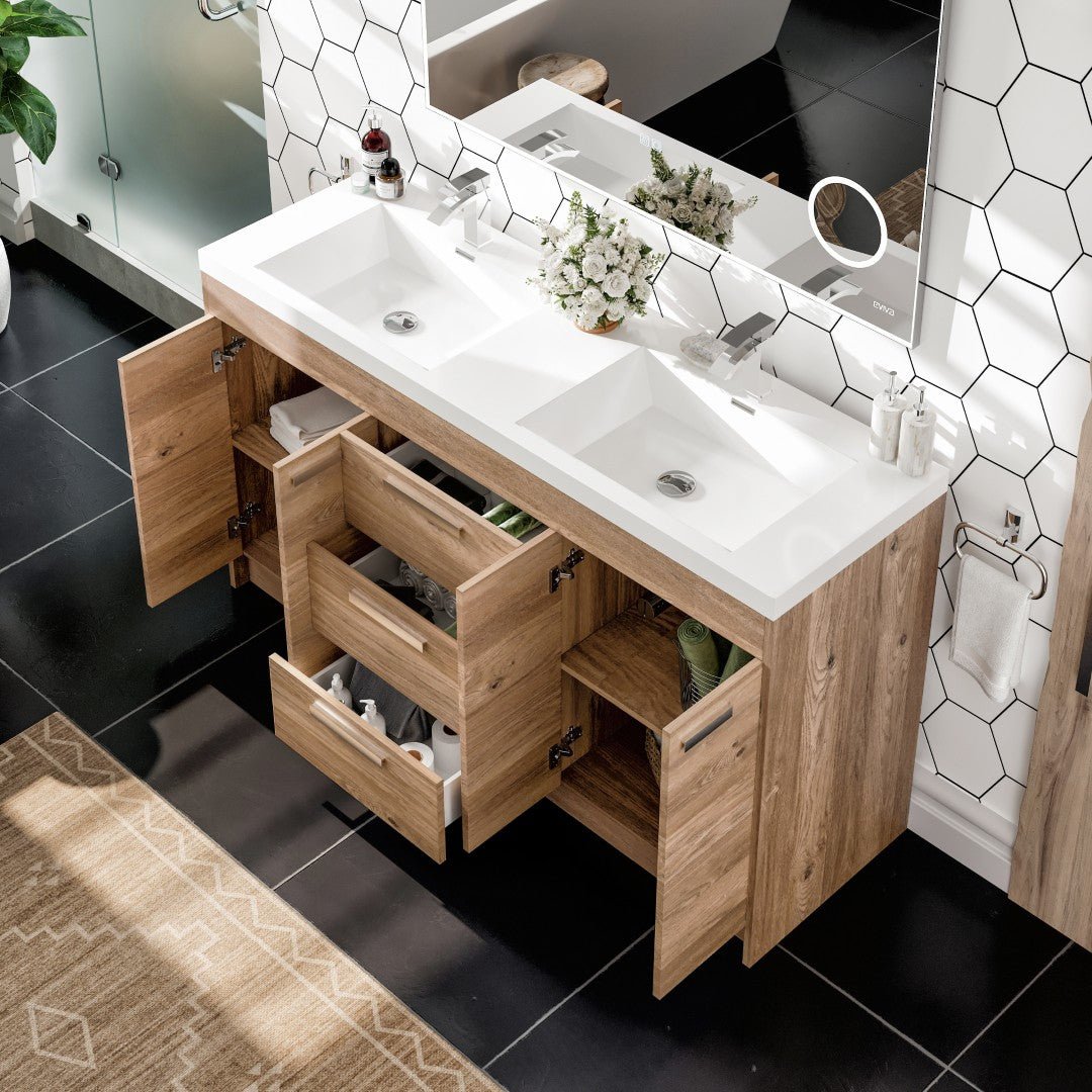 Lugano 60 in. Natural Oak Double Sink Freestanding Bath Vanity with Acrylic Top and Integrated Sinks - Bathroom Vanity by Eviva