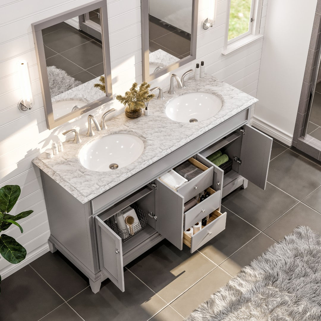 Elite Stamford 60 in. Gray Double Sink Bath Vanity with Marble Top and Undermount Porcelain Sinks
