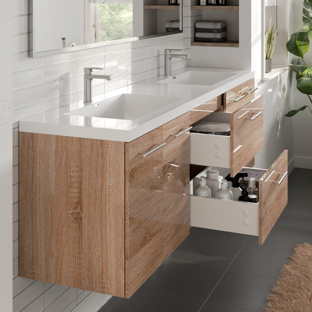 Axis 72 in. White Oak Wall Mount Double Sink Bath Vanity with Acrylic Top and Integrated Sinks