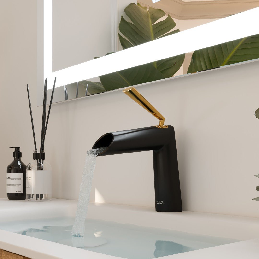 Eviva Black Single - Handle Waterfall Single - Hole Bathroom Faucet with Gold Handle in Black - Bathroom Faucet by Eviva