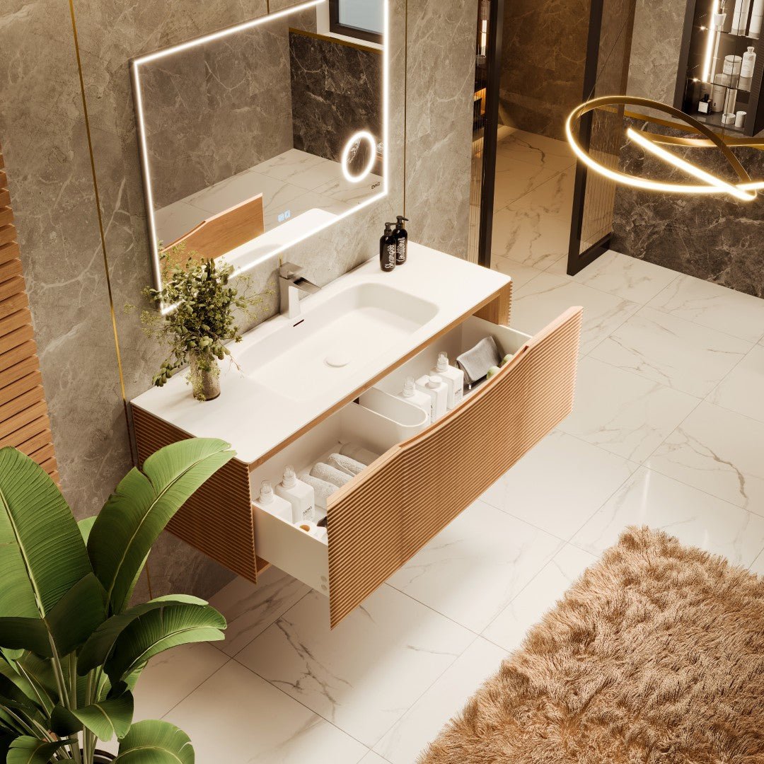 Leah 39 in. Medium Oak Wall Mount Single Sink Bath Vanity with Solid Surface Top and Integrated Sink - Bathroom Vanity by Eviva