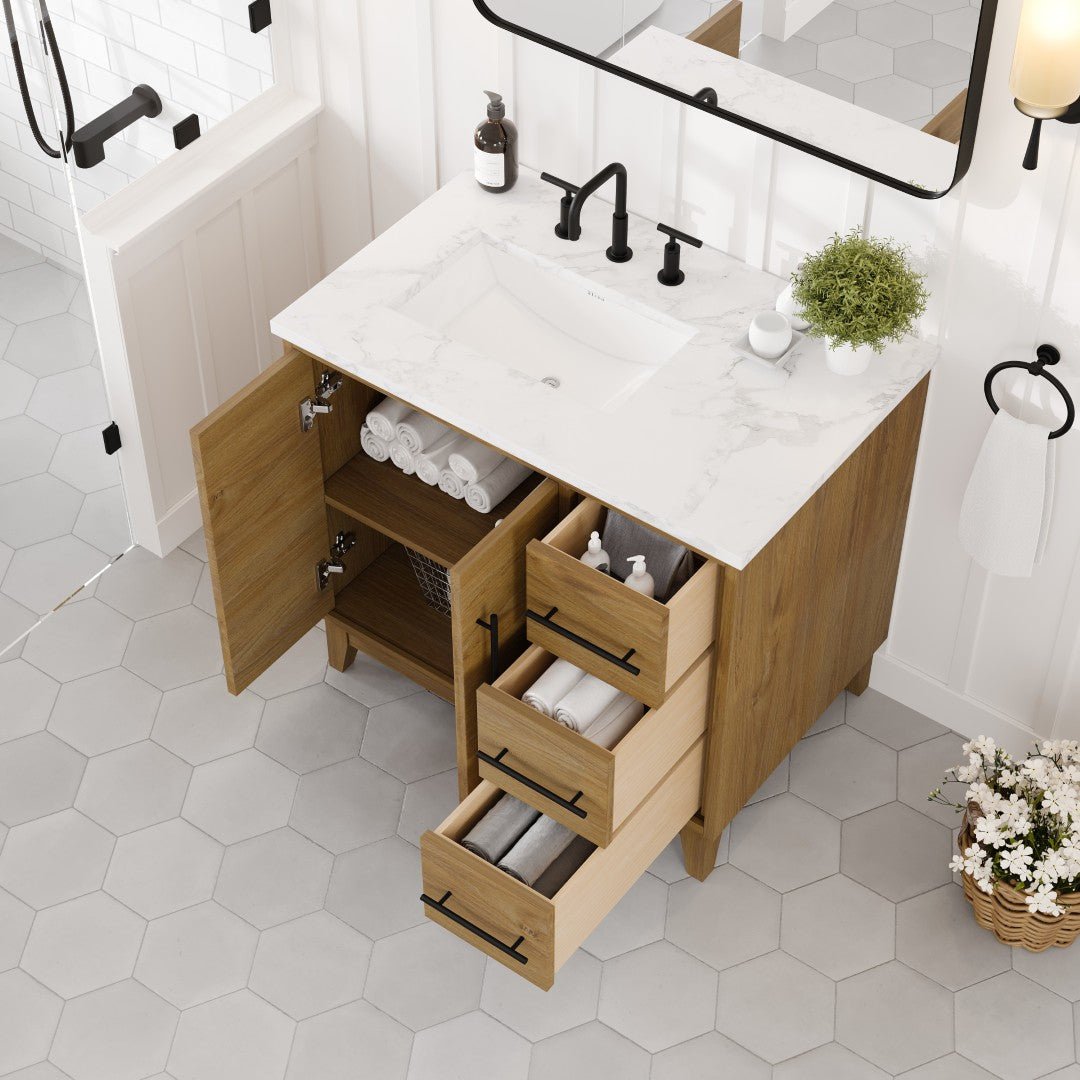 Graham 36 in. Oak Single Sink Bath Vanity with Arabescato Engineered Stone Top and Undermount Porcelain Sink - Bathroom Vanity by Eviva