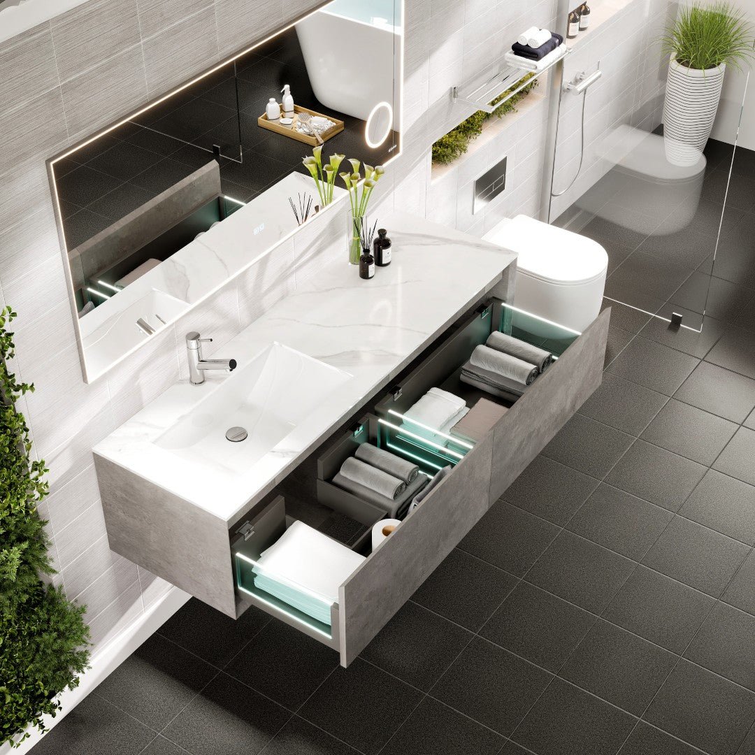 Aurora 60 in. Concrete Gray Wall Mount Single Sink Bath Vanity with Carrara Quartz Top and Undermount Porcelain Sink - Bathroom Vanity by Eviva