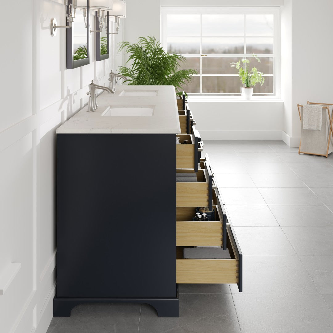 Storehouse 84 in. Dark Gray Double Sink Bath Vanity with Carrara Quartz Top and Undermount Porcelain Sinks