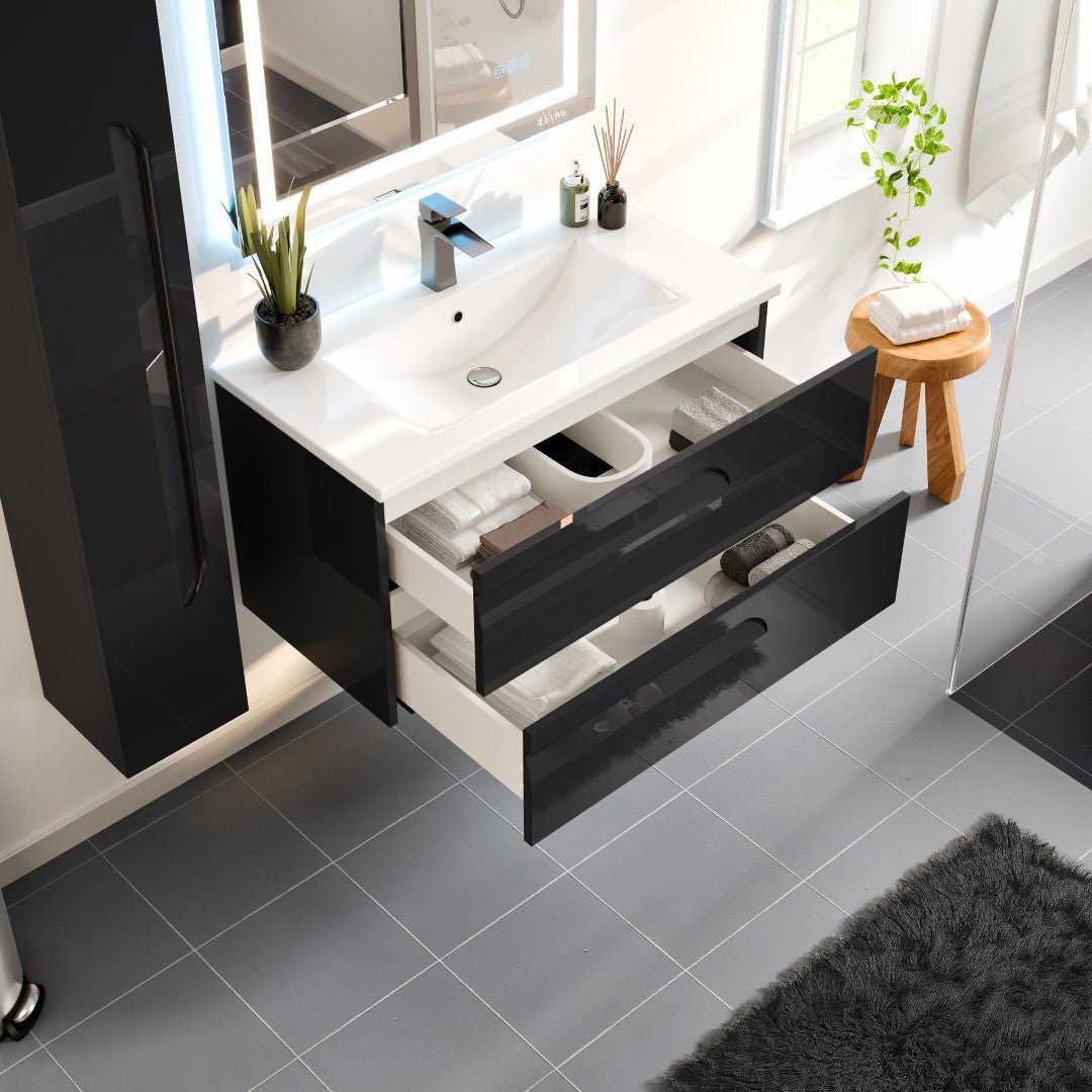 Joy 40 in. Black Wall Mount Single Sink Bath Vanity with Porcelain Top and Integrated Sink - Bathroom Vanity by Eviva