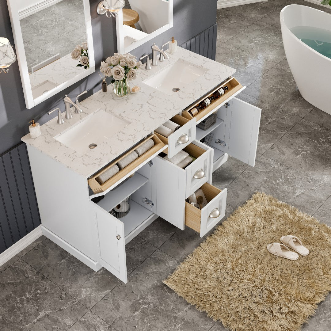 Epic 60 in. White Double Sink Bath Vanity with Carrara Quartz Top and Undermount Porcelain Sinks