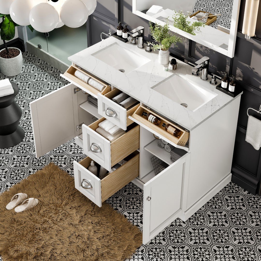 Epic 48 in. White Double Sink Bath Vanity with Carrara Quartz Top and Undermount Porcelain Sinks - Bathroom Vanity by Eviva
