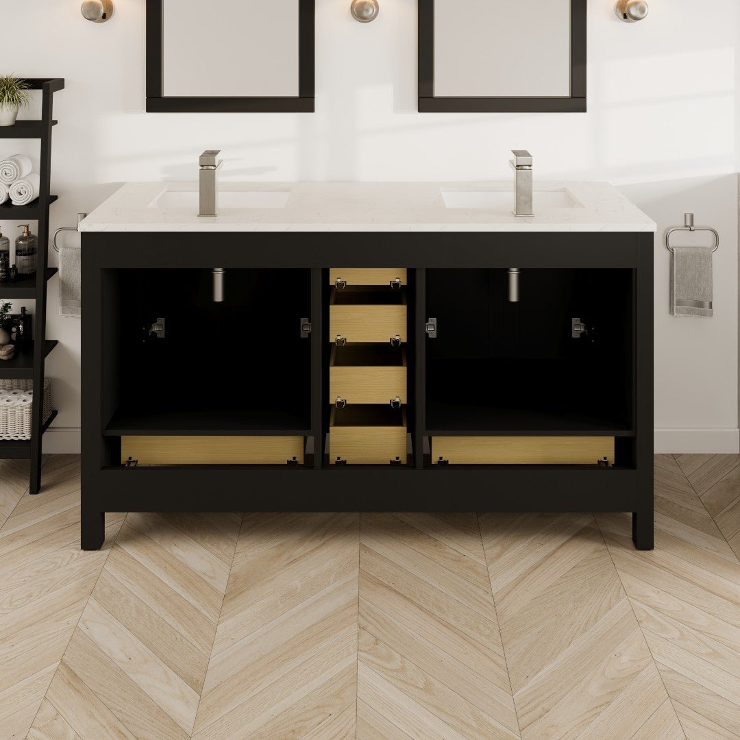 London 60 in. Espresso Double Sink Bath Vanity with Carrara Quartz Top and Undermount Porcelain Sinks - Bathroom Vanity by Eviva