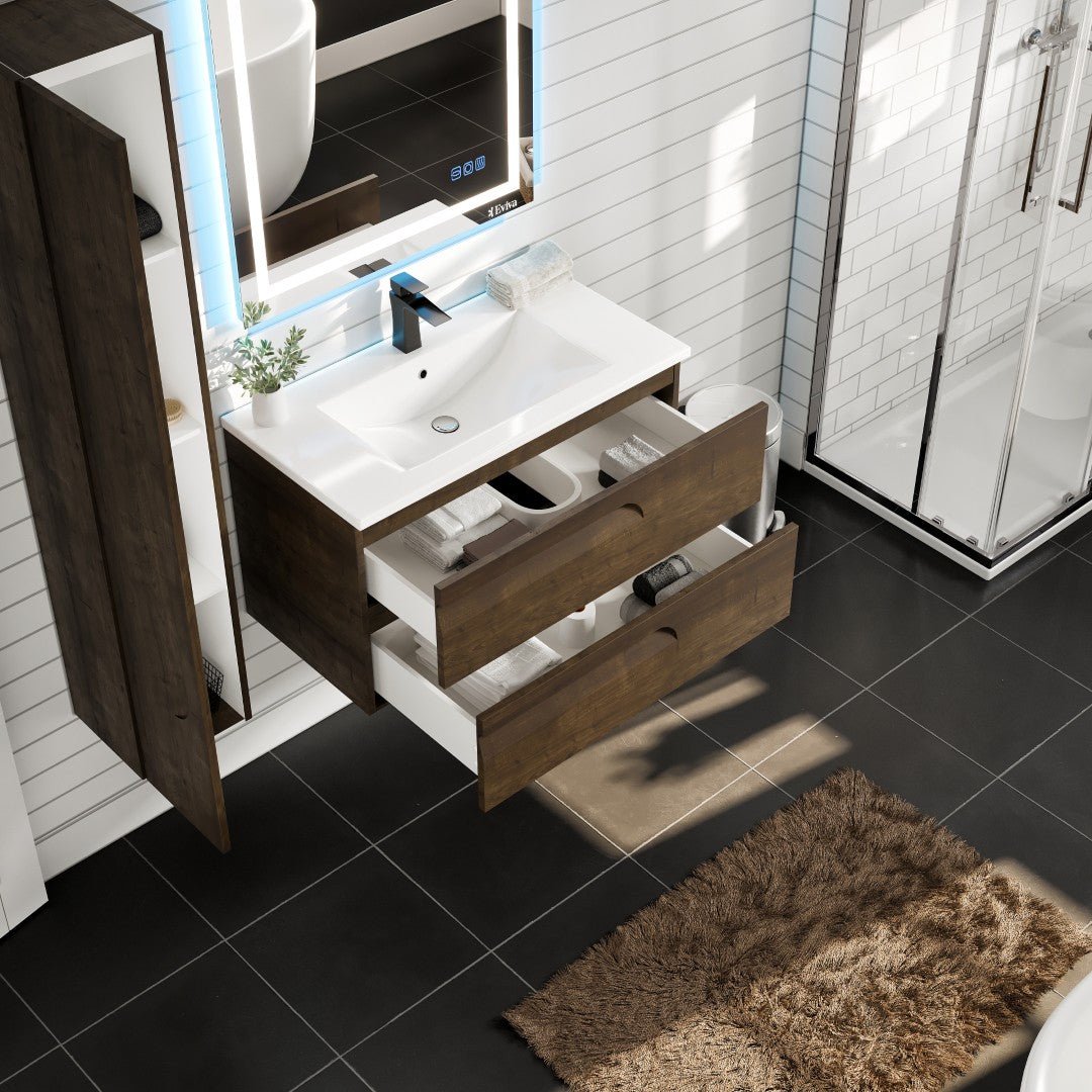 Joy 36 in. Rosewood Wall Mount Single Sink Bath Vanity with Porcelain Top and Integrated Sink - Bathroom Vanity by Eviva