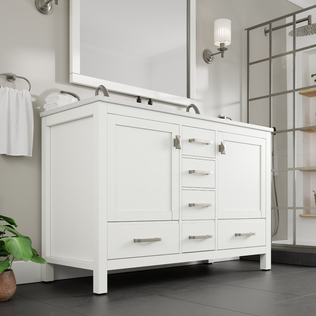 Aberdeen 48 in. White Double Sink Bath Vanity with Carrara Quartz Top and Undermount Porcelain Sinks