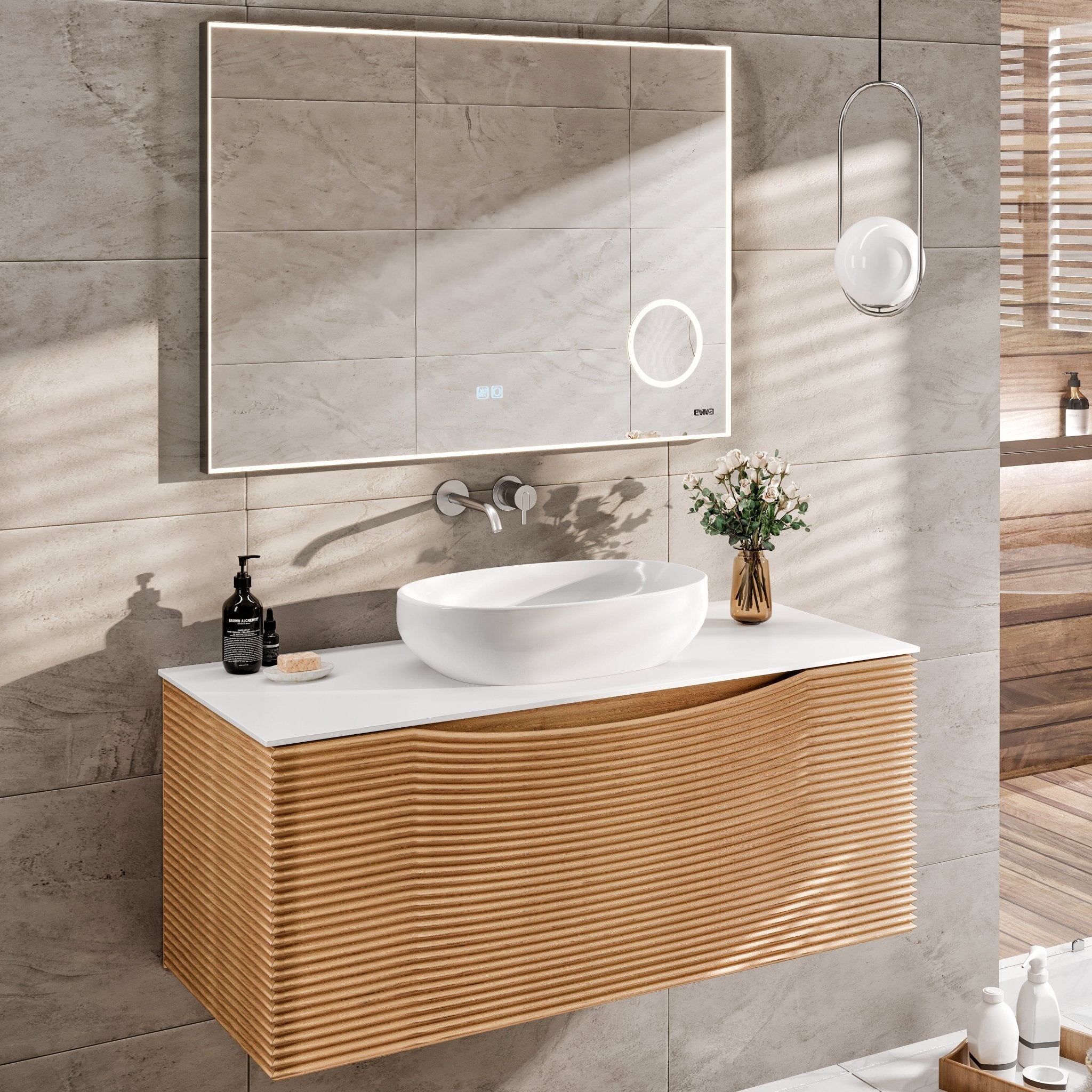 Leah 32 in. Medium Oak Wall Mount Single Sink Bath Vanity with Solid Surface Top and Vessel Solid Surface Sink - Bathroom Vanity by Eviva