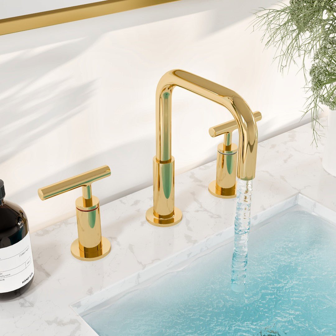 Eviva Purist 2 - Handle Gooseneck Widespread Bathroom Faucet with Deckplate Included in Gold - Bathroom Faucet by Eviva