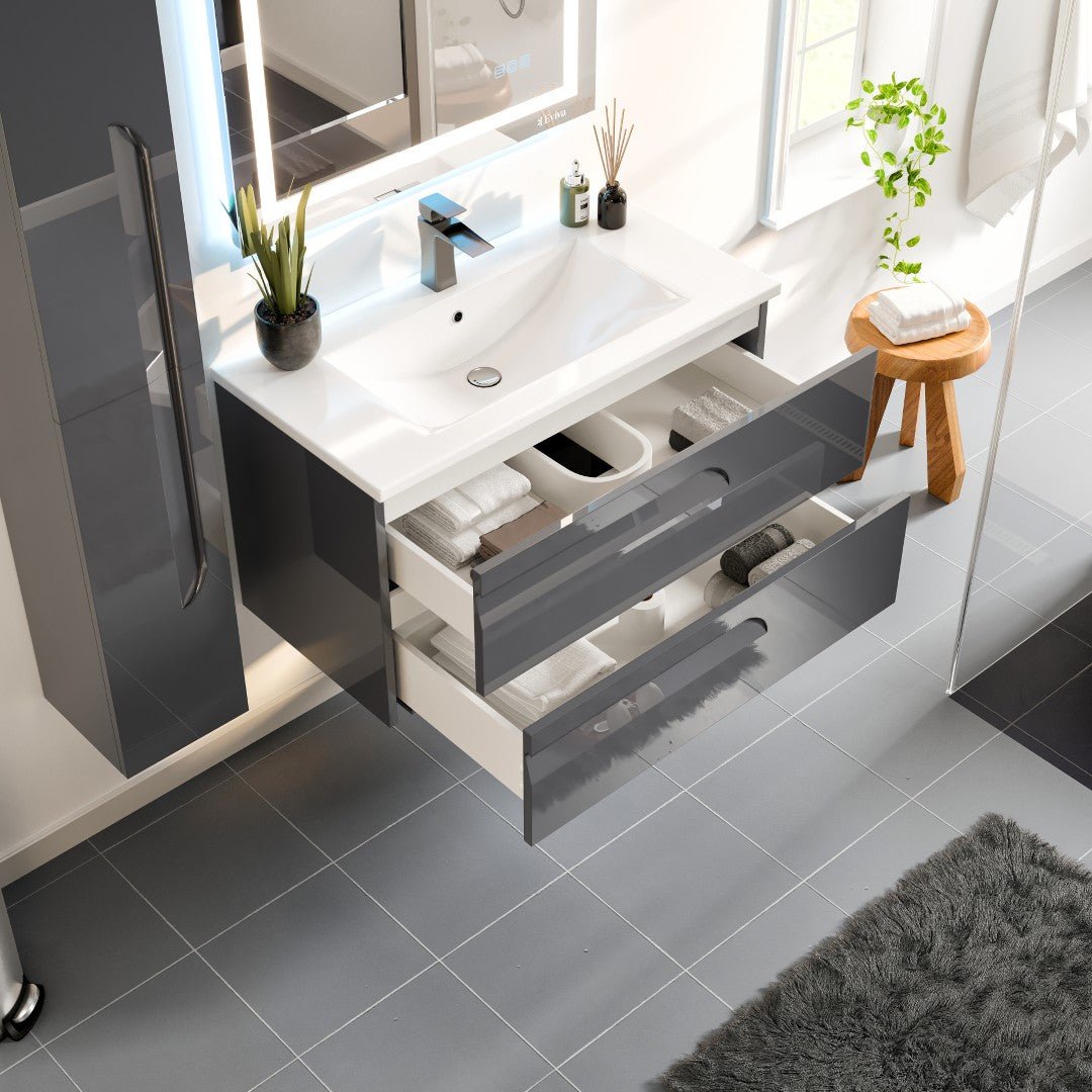 Joy 40 in. Gray Wall Mount Single Sink Bath Vanity with Porcelain Top and Integrated Sink - Bathroom Vanity by Eviva