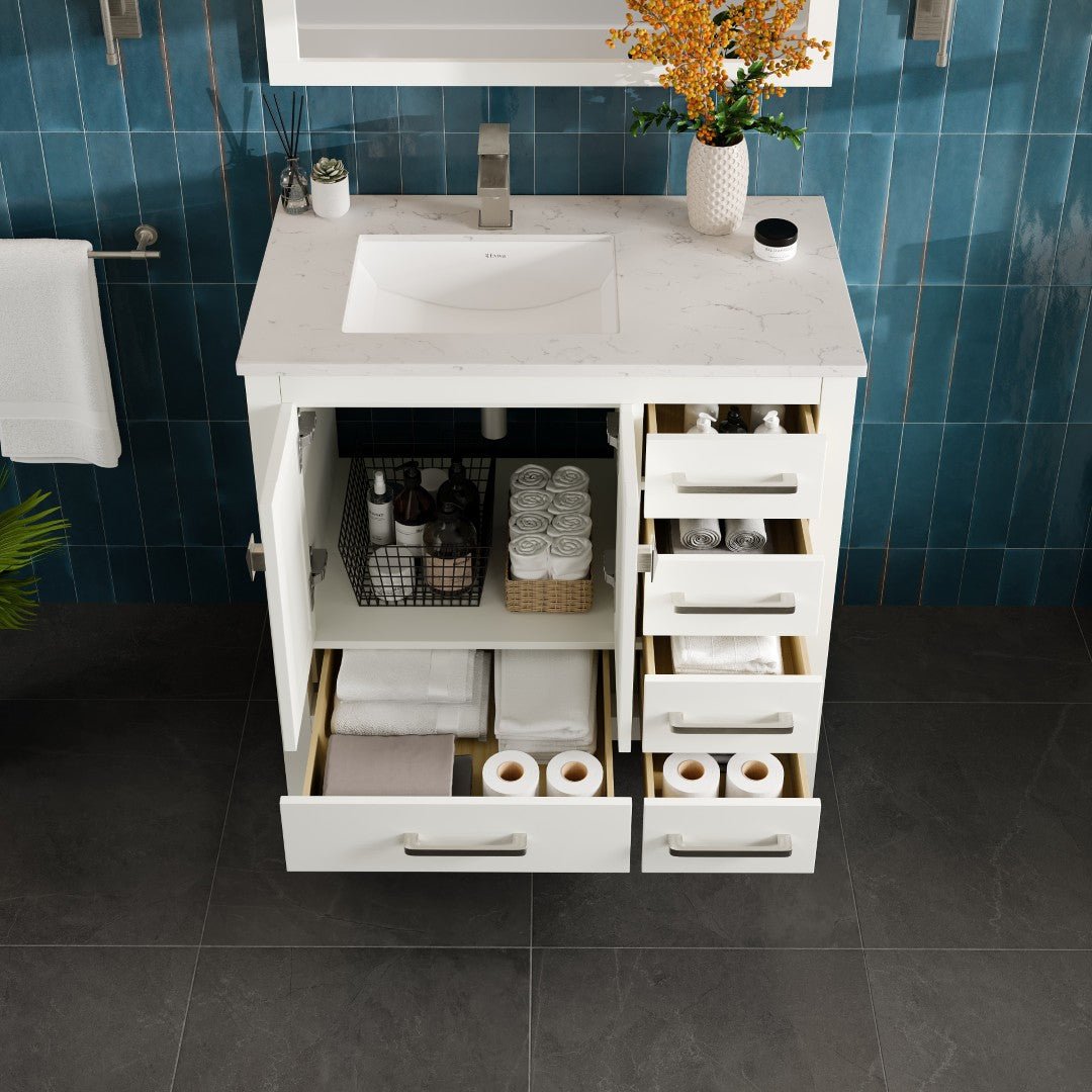 London 36 in. White Single Sink Bath Vanity with Carrara Quartz Top and Undermount Porcelain Sink - Bathroom Vanity by Eviva