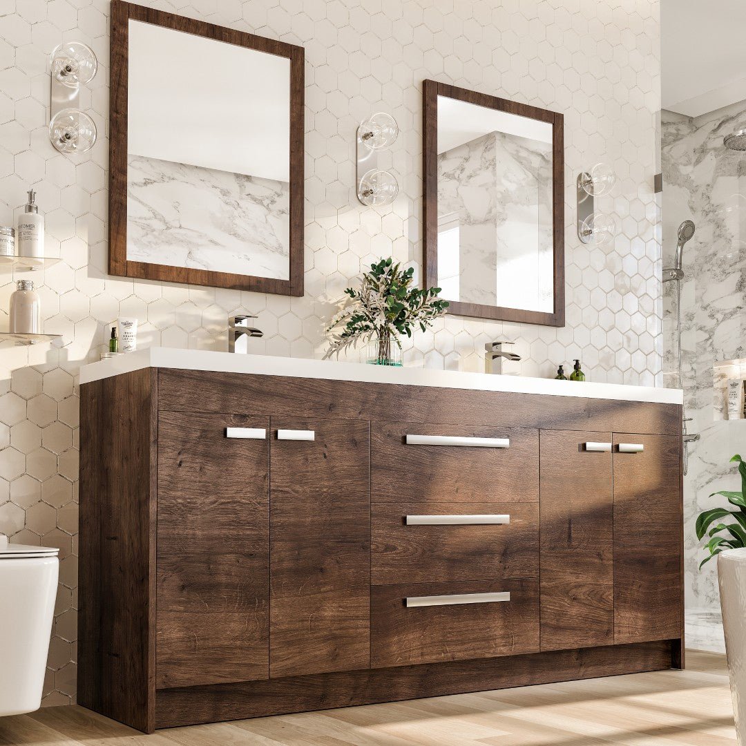 Lugano 72 in. Rosewood Double Sink Freestanding Bath Vanity with Acrylic Top and Integrated Sinks - Bathroom Vanity by Eviva