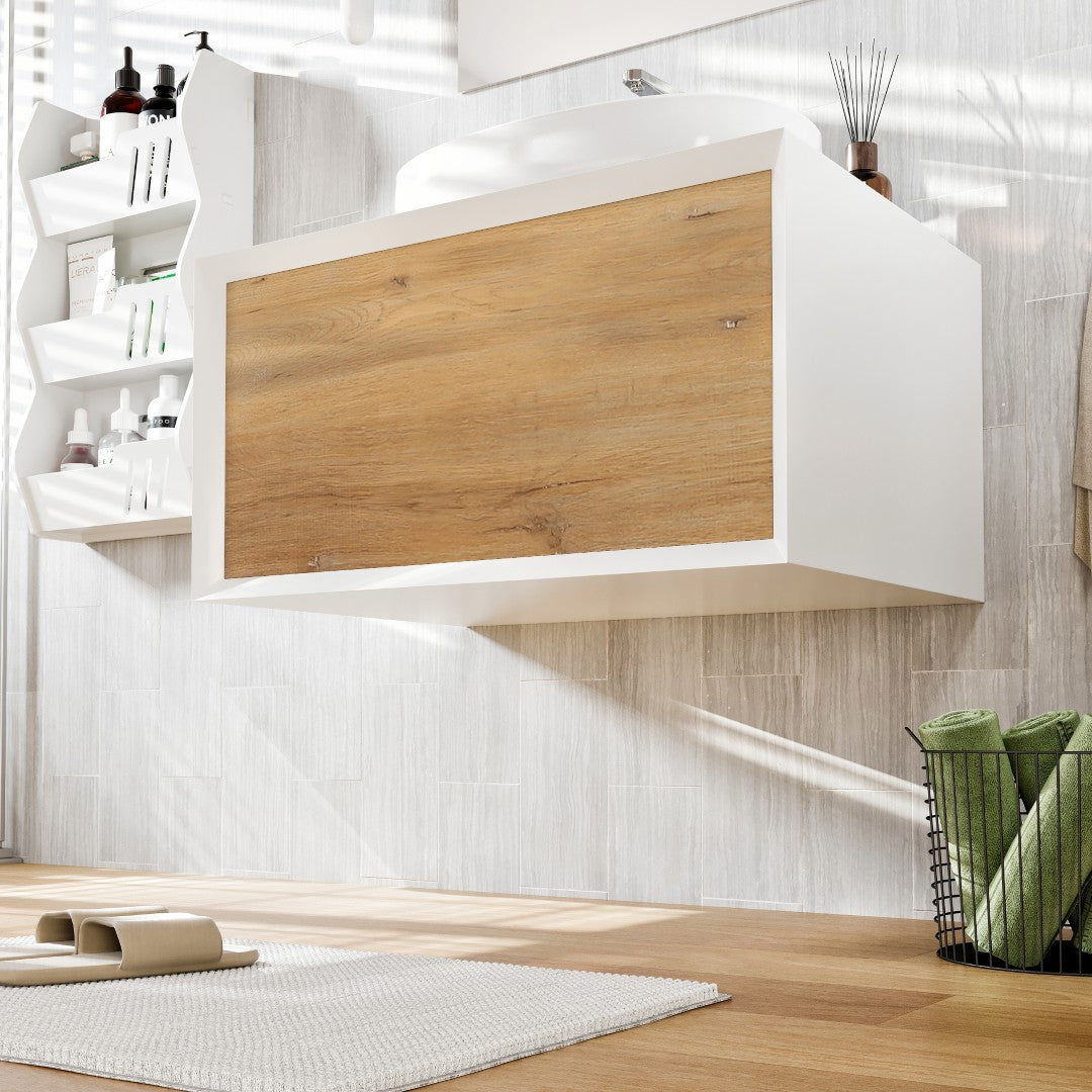 Santa Monica 30 in. White Oak Wall Mount Single Sink Bath Vanity with Acrylic Top and Vessel Solid Surface Sink