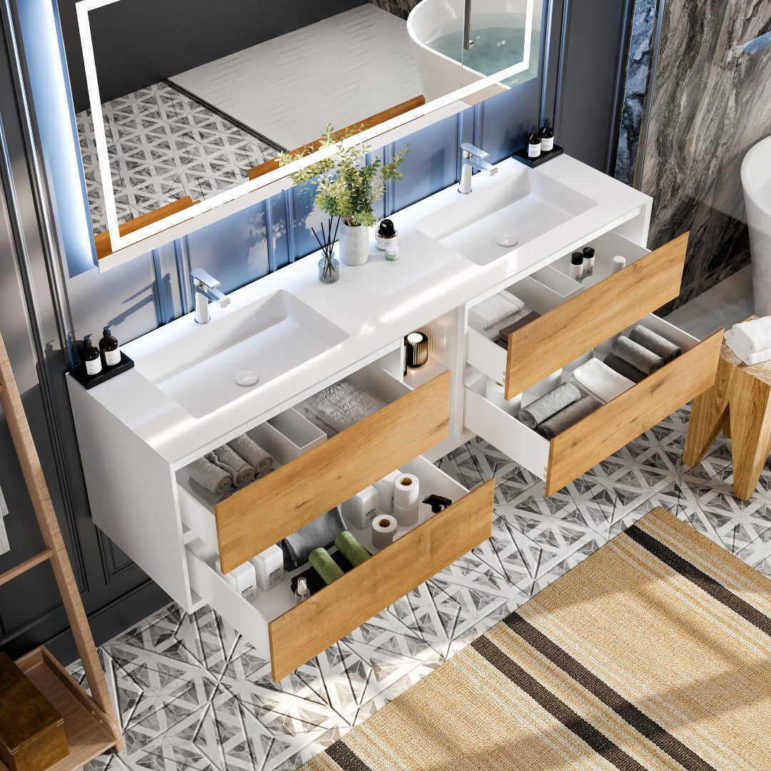 Vienna 75" WH Oak Wall Mount Double Sink Bath Vanity with Acrylic Top and Integrated Sinks