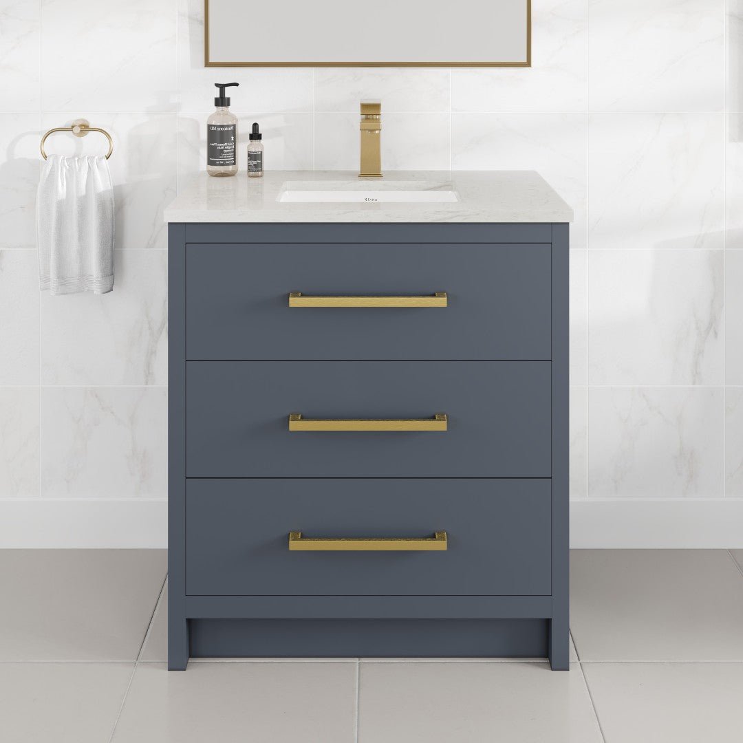 Curio 30 in. Dark Blue Single Sink Bath Vanity with Carrara Quartz Top and Undermount Porcelain Sink - Bathroom Vanity by Eviva