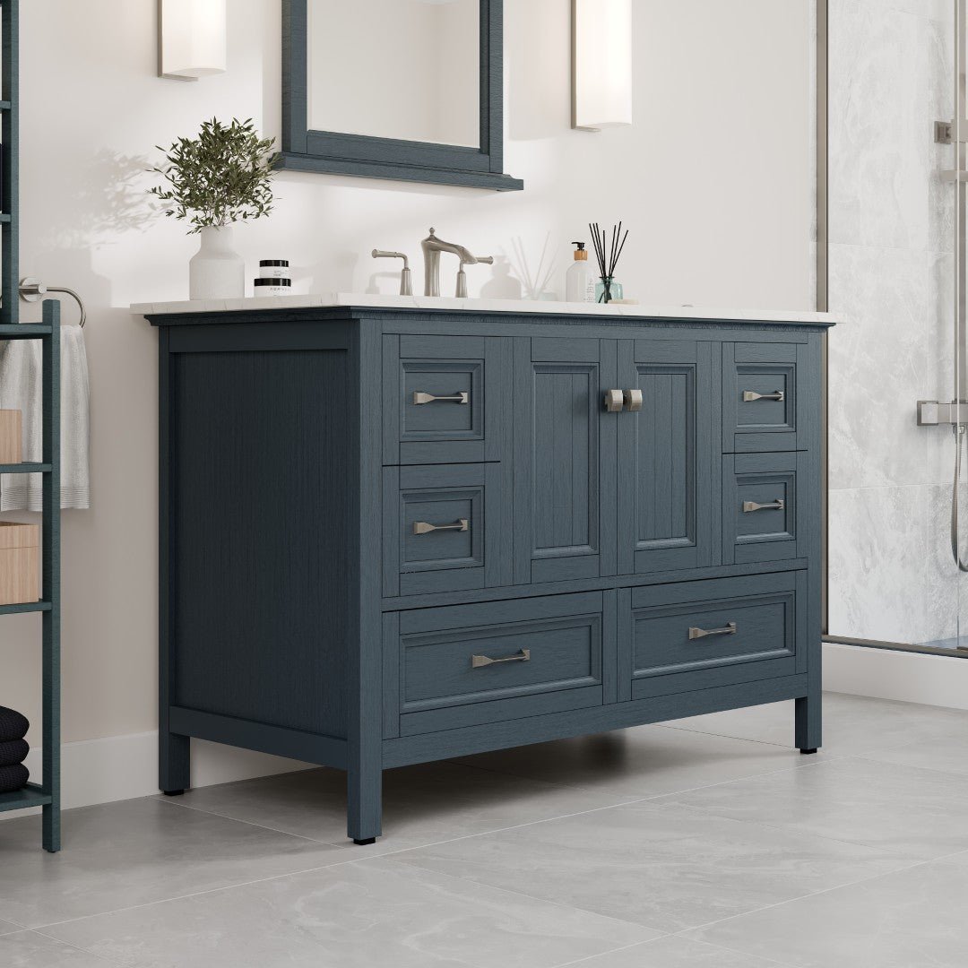 Britney 48 in. Ash Blue Single Sink Bath Vanity with Carrara Quartz Top and Undermount Porcelain Sink - Bathroom Vanity by Eviva
