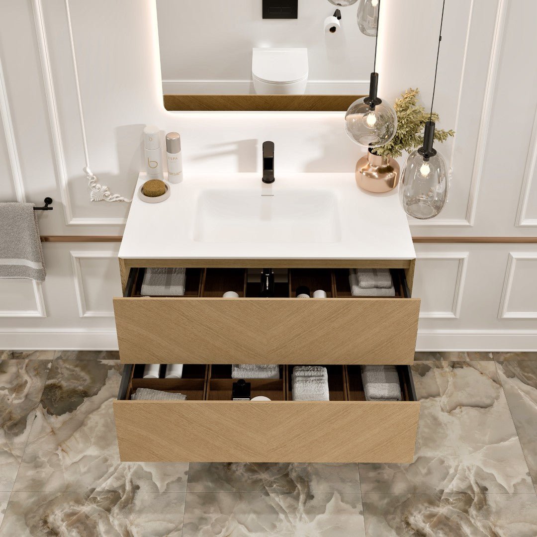 Lotus 30 in. Natural Oak Wall Mount Single Sink Bath Vanity with Solid Surface Top and Integrated Sink - Bathroom Vanity by Eviva