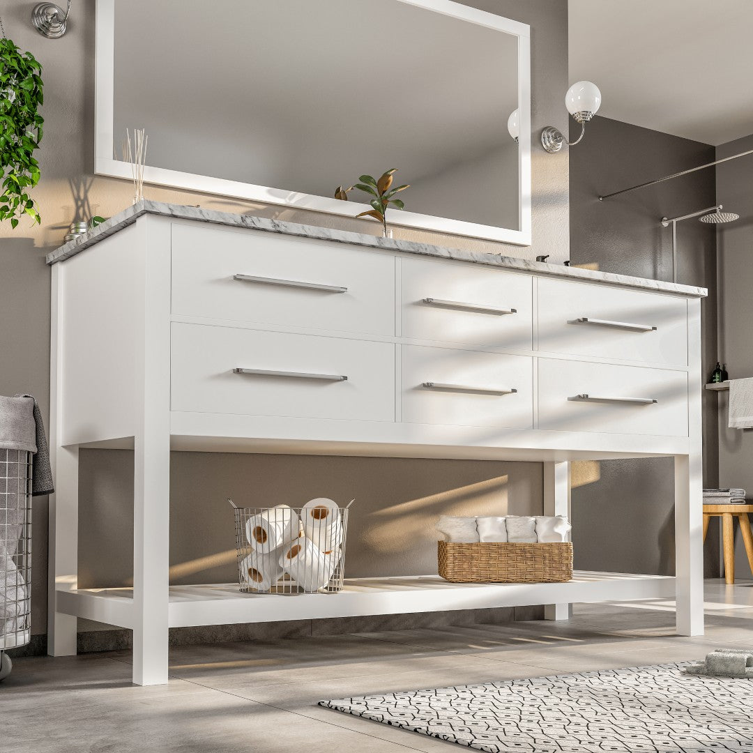 Natalie 60 in. White Double Sink Bath Vanity with Carrara Marble Top and Undermount Porcelain Sinks