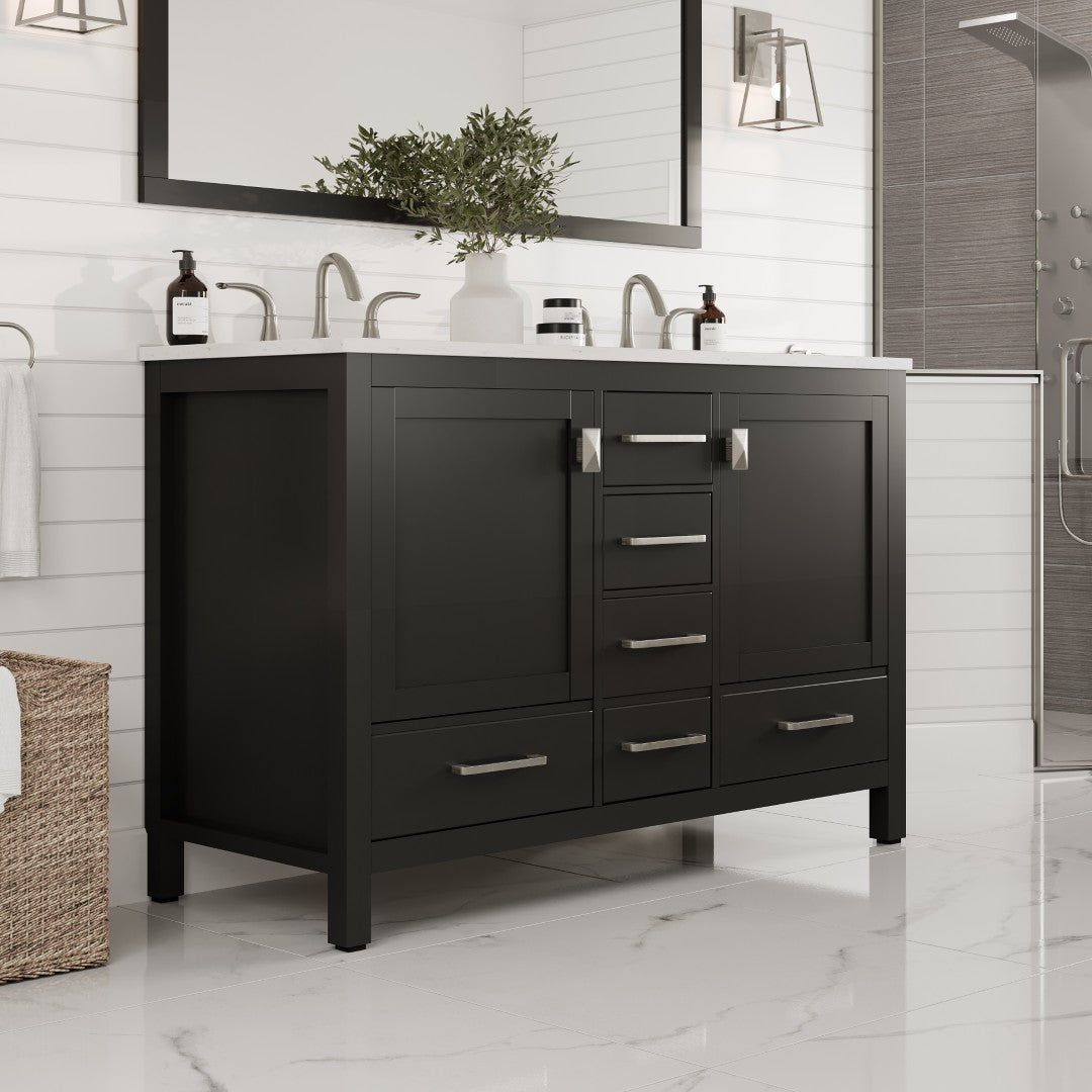 Aberdeen 48 in. Espresso Double Sink Bath Vanity with Carrara Quartz Top and Undermount Porcelain Sinks