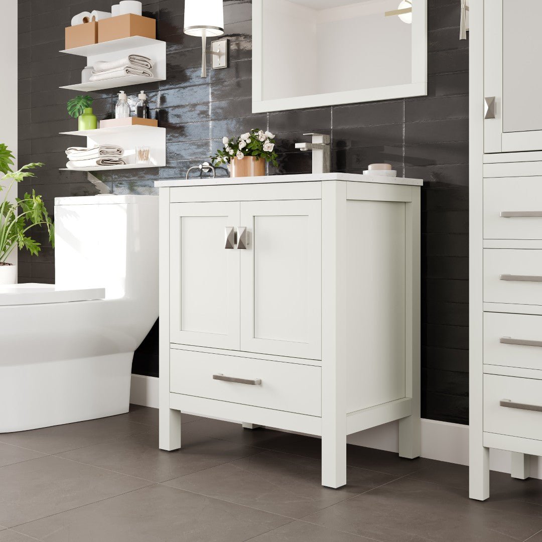 London 30 in. White Single Sink Bath Vanity with Carrara Quartz Top and Undermount Porcelain Sink - Bathroom Vanity by Eviva