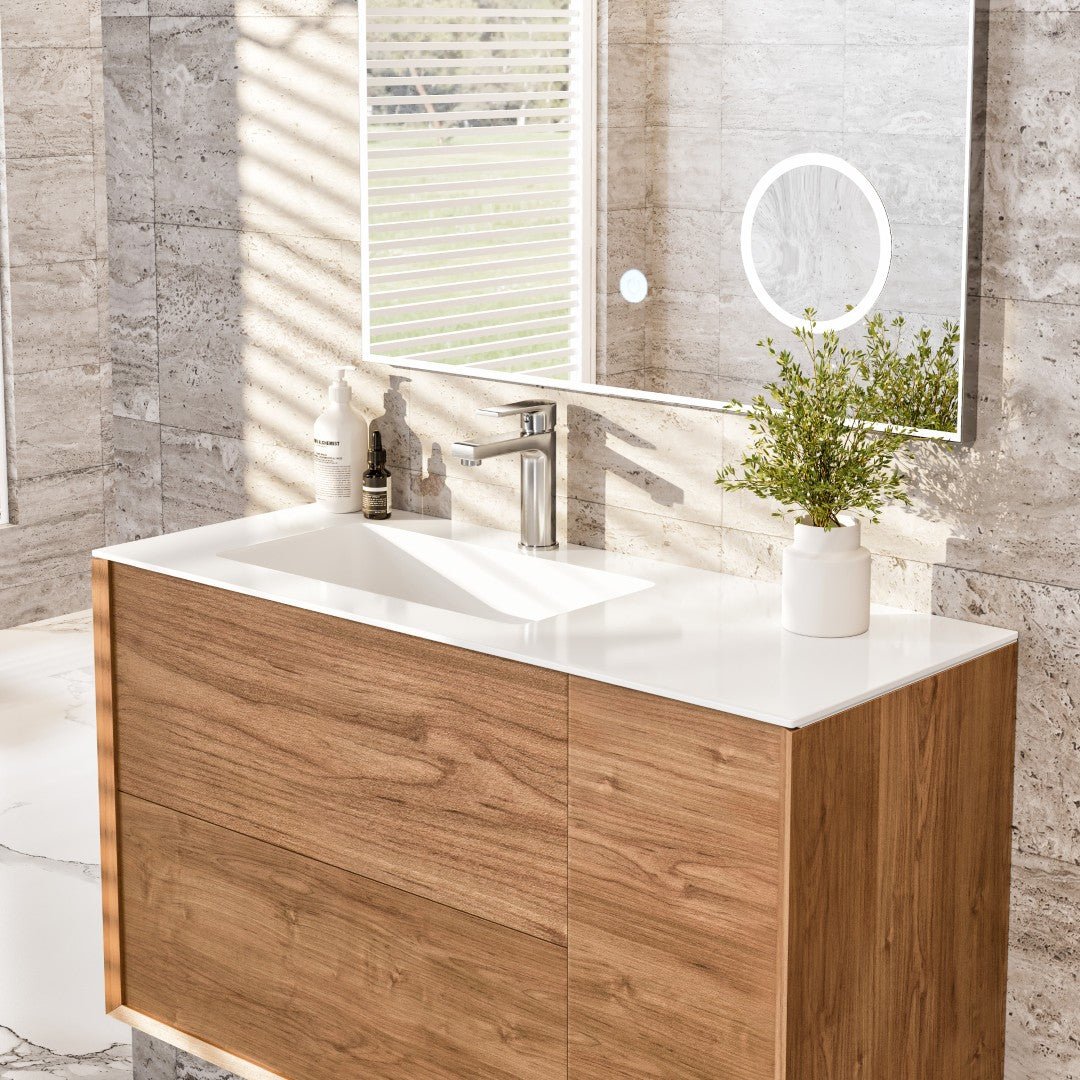 Prancer 44 in. Natural Oak Wall Mount Single Sink Bath Vanity with Solid Surface Top and Integrated Sink - Bathroom Vanity by Eviva