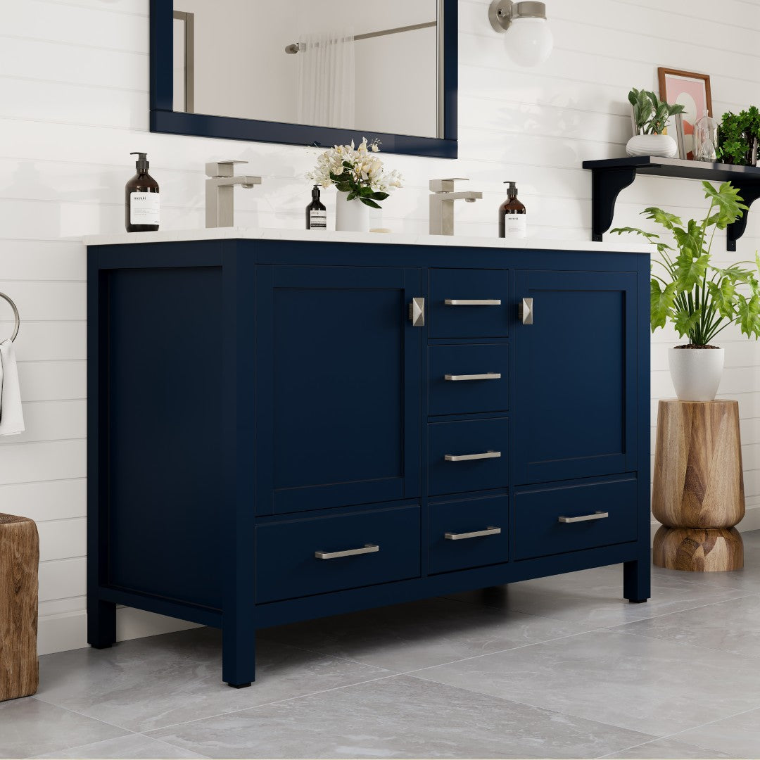 London 48 in. Blue Double Sink Bath Vanity with Carrara Quartz Top and Undermount Porcelain Sinks
