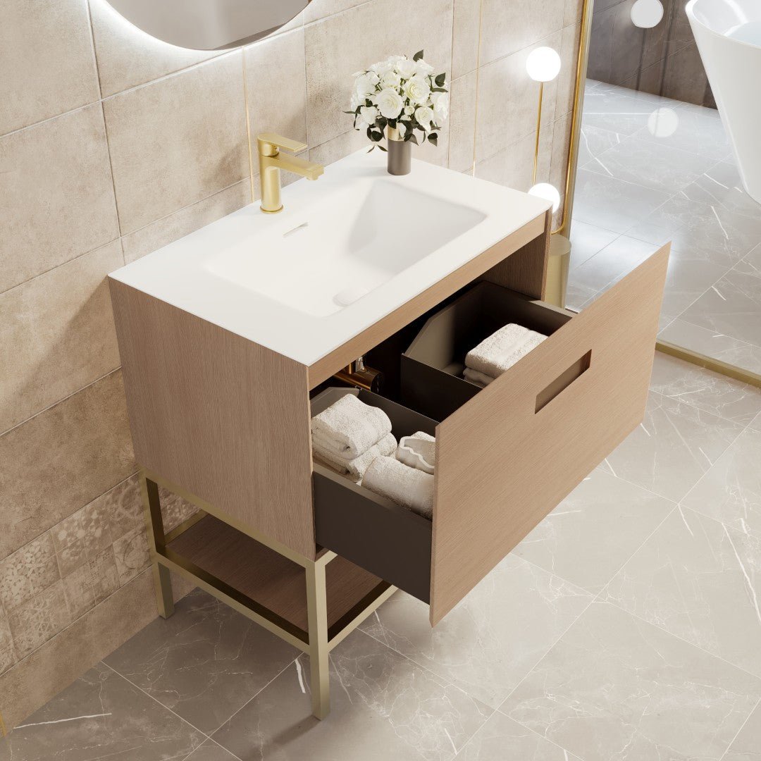 Iris 30 in. Natural Oak Single Sink Bath Vanity with Solid Surface Top and Integrated Sink - Bathroom Vanity by Eviva