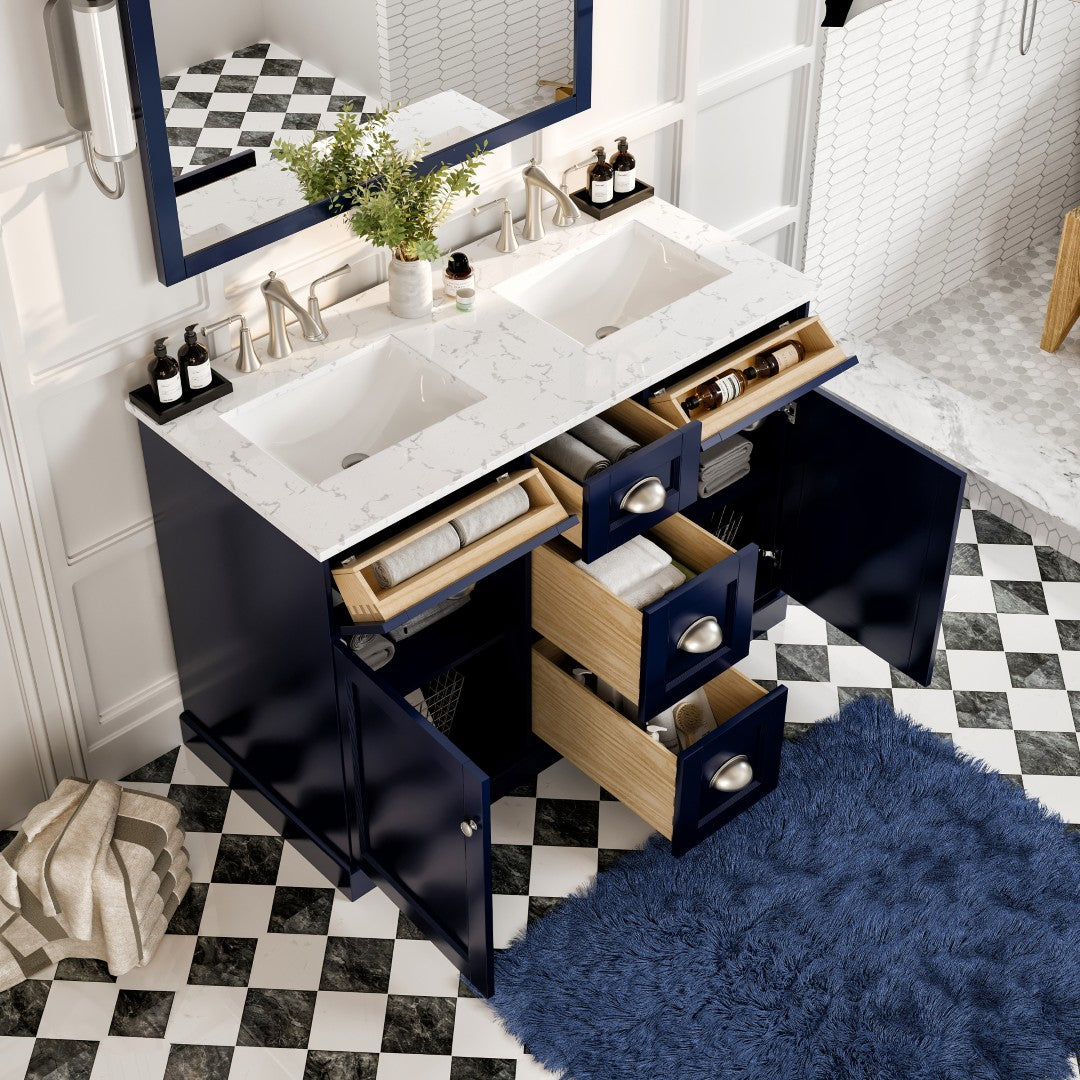 Epic 48 in. Blue Double Sink Bath Vanity with Carrara Quartz Top and Undermount Porcelain Sinks