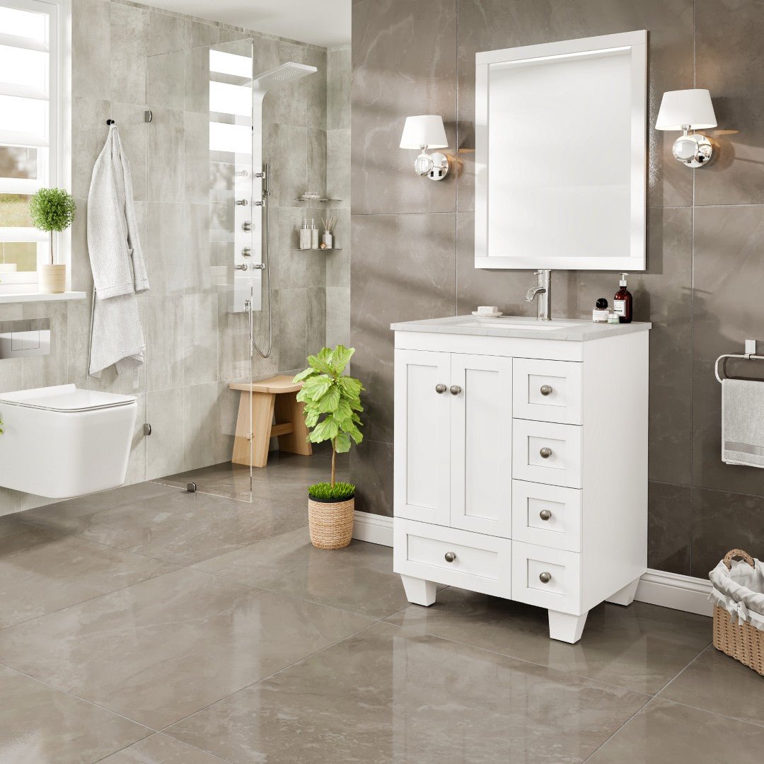 Happy 24 in. White Single Sink Bath Vanity with Carrara Quartz Top and Undermount Porcelain Sink - Bathroom Vanity by Eviva