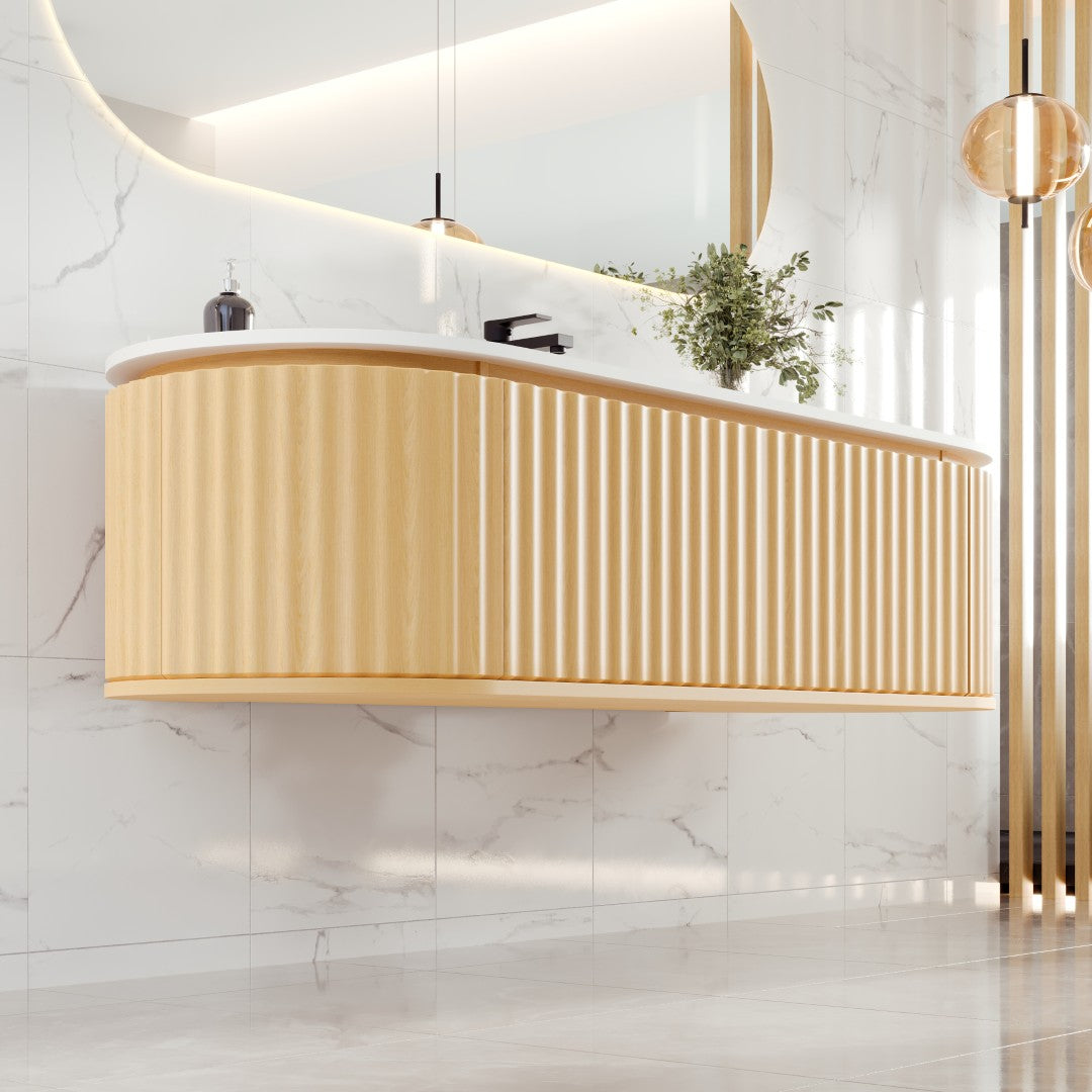 Haven 64 in. Natural Oak Wall Mount Single Sink Bath Vanity with Solid Surface Top and Integrated Sink