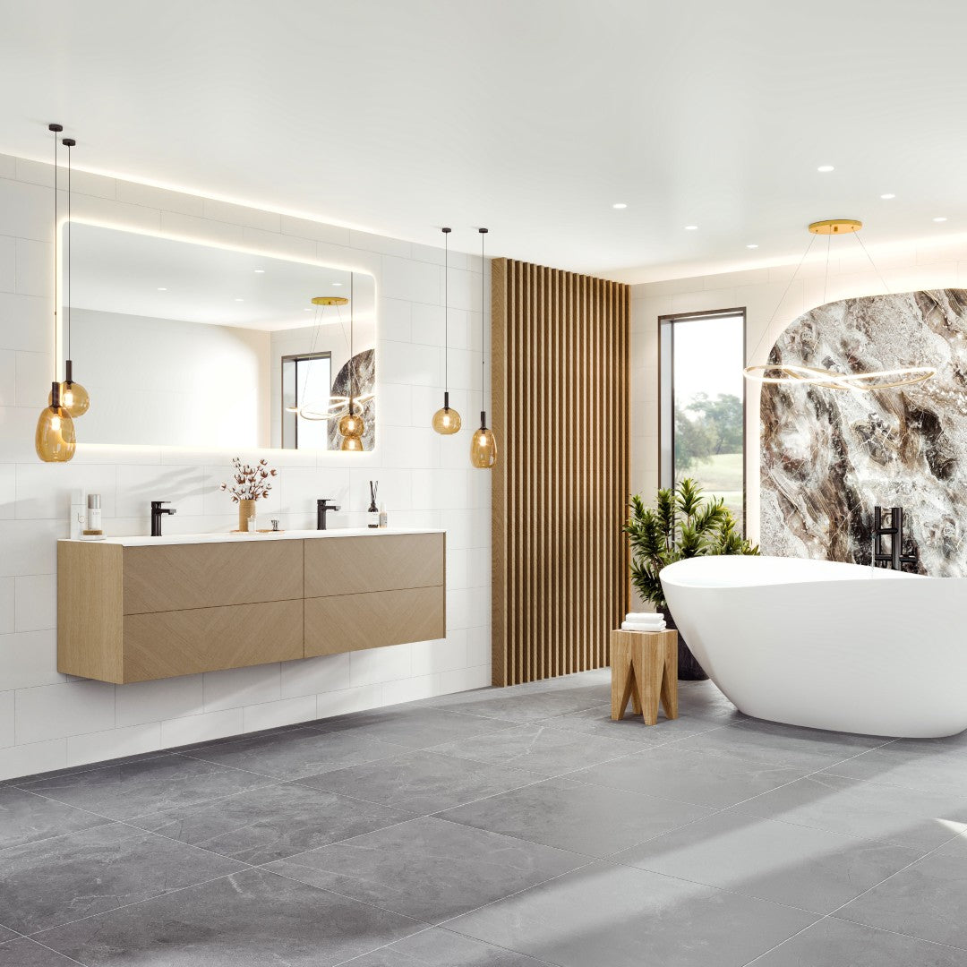 Lotus 59 in. Natural Oak Wall Mount Double Sink Bath Vanity with Solid Surface Top and Integrated Sinks