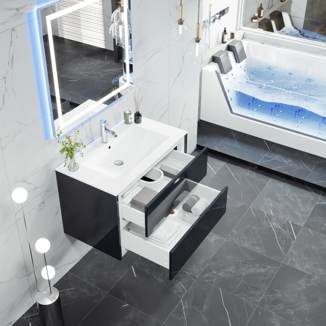 Luna 32 in. Dark Gray Wall Mount Single Sink Bath Vanity with Porcelain Top and Integrated Sink