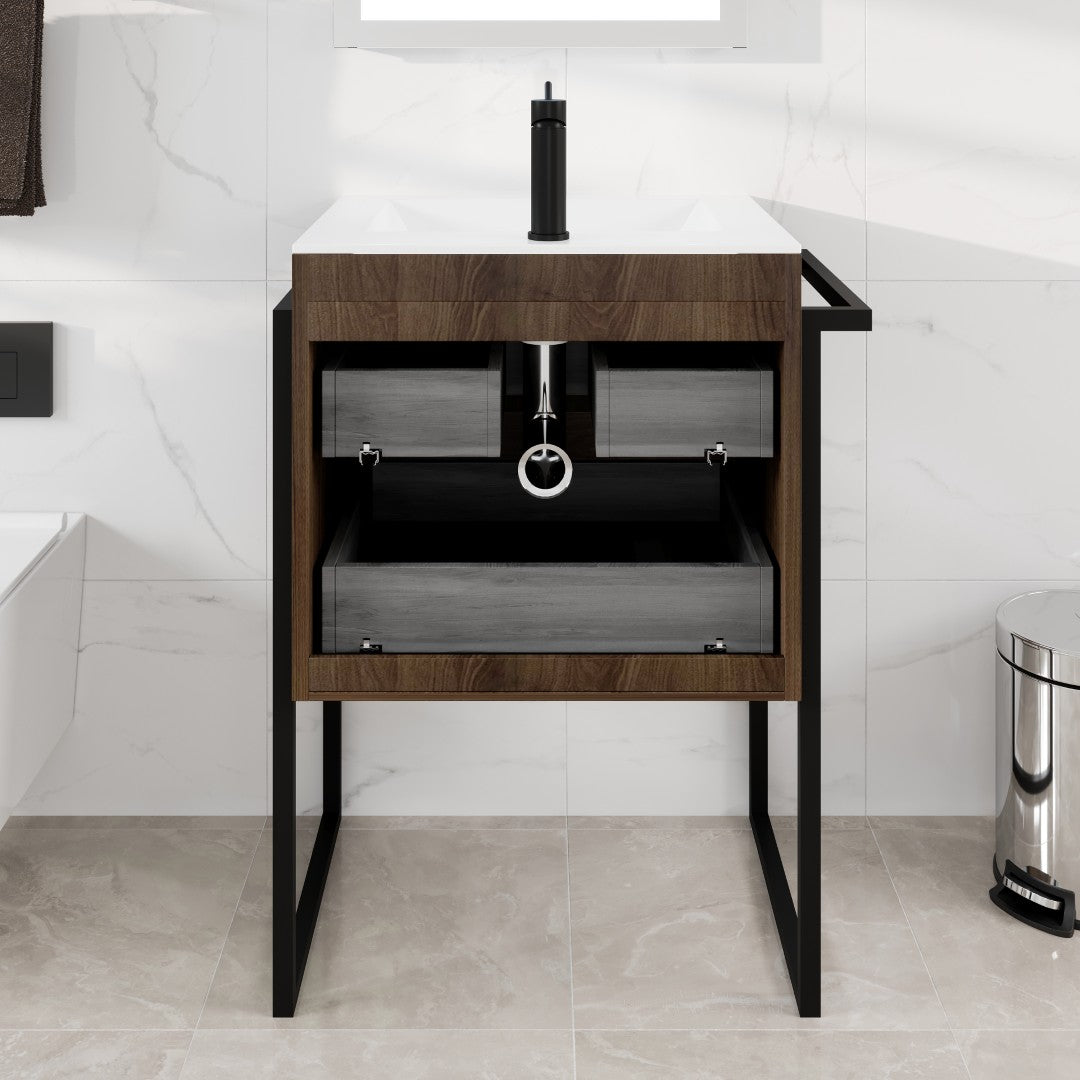 Marina 27 in. Dark Walnut Single Sink Bath Vanity with Porcelain Top and Integrated Sink