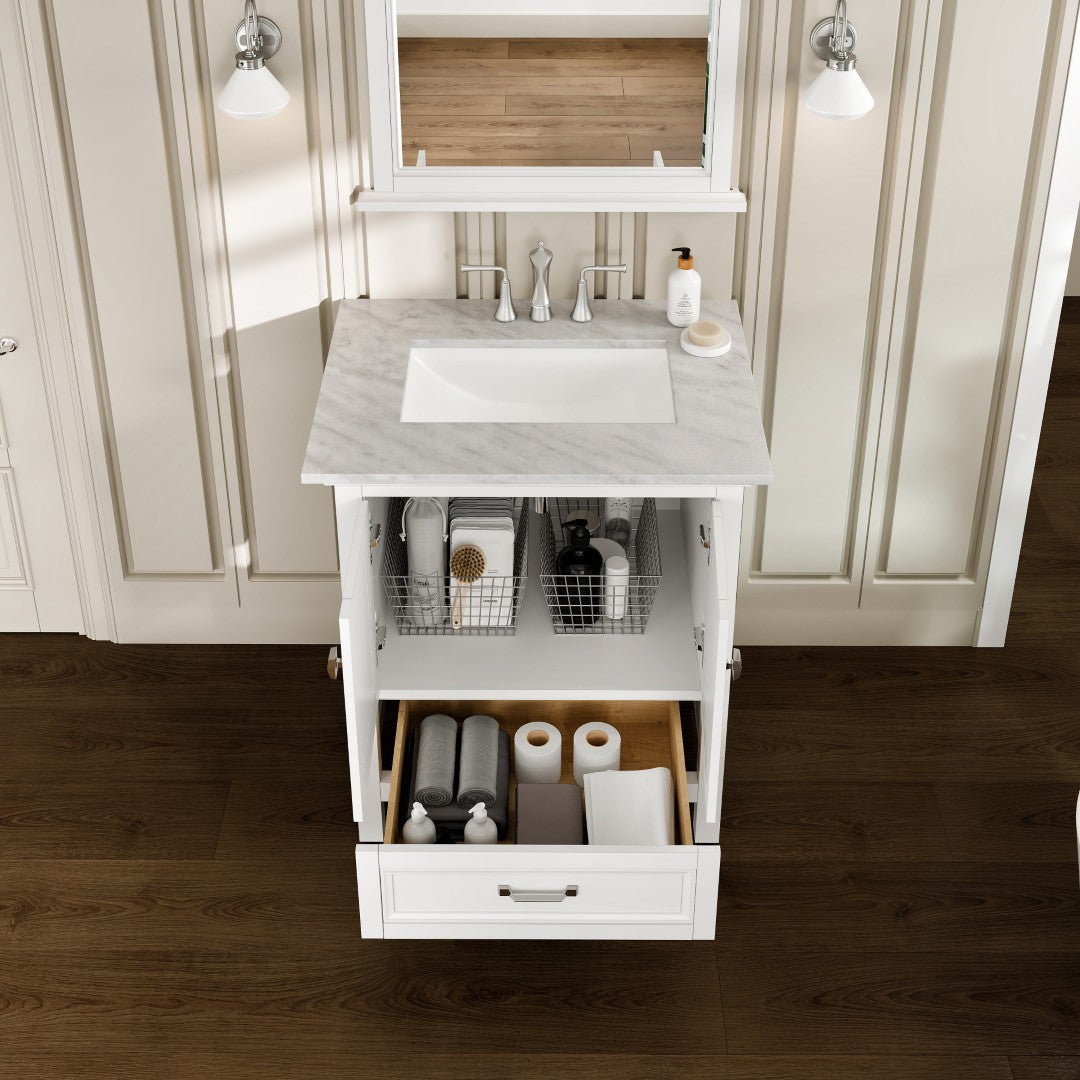 Eviva Britney 30 Inch Transitional White Bathroom Vanity with Carrera Marble Top