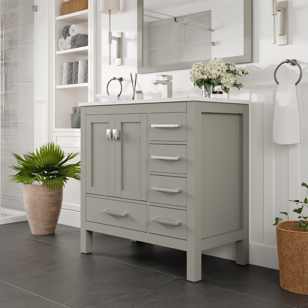 London 36 in. Gray Single Sink Bath Vanity with Carrara Quartz Top and Undermount Porcelain Sink - Bathroom Vanity by Eviva