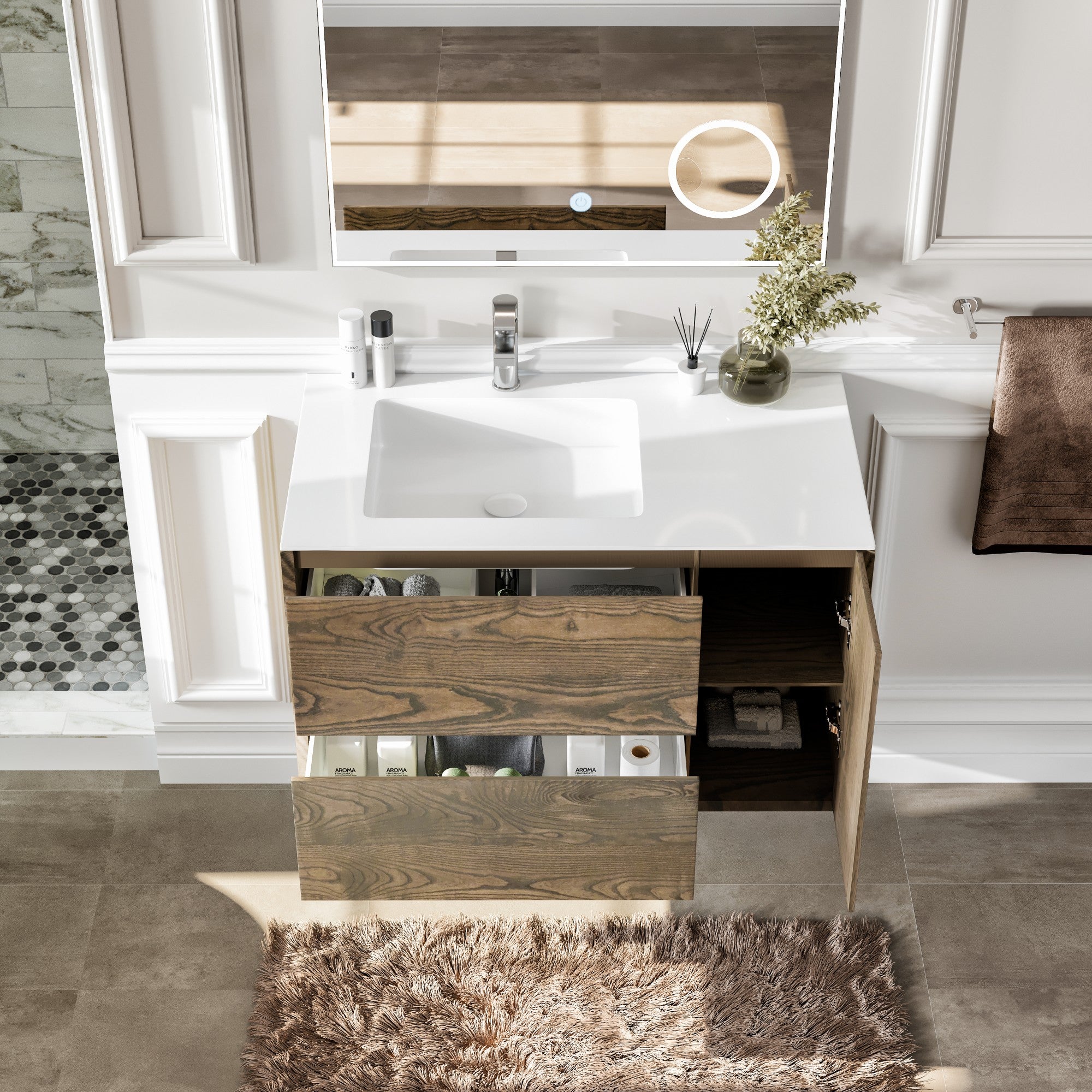 Ciocco 36 in. Oak Wall Mount Single Sink Bath Vanity with Solid Surface Top and Integrated Sink