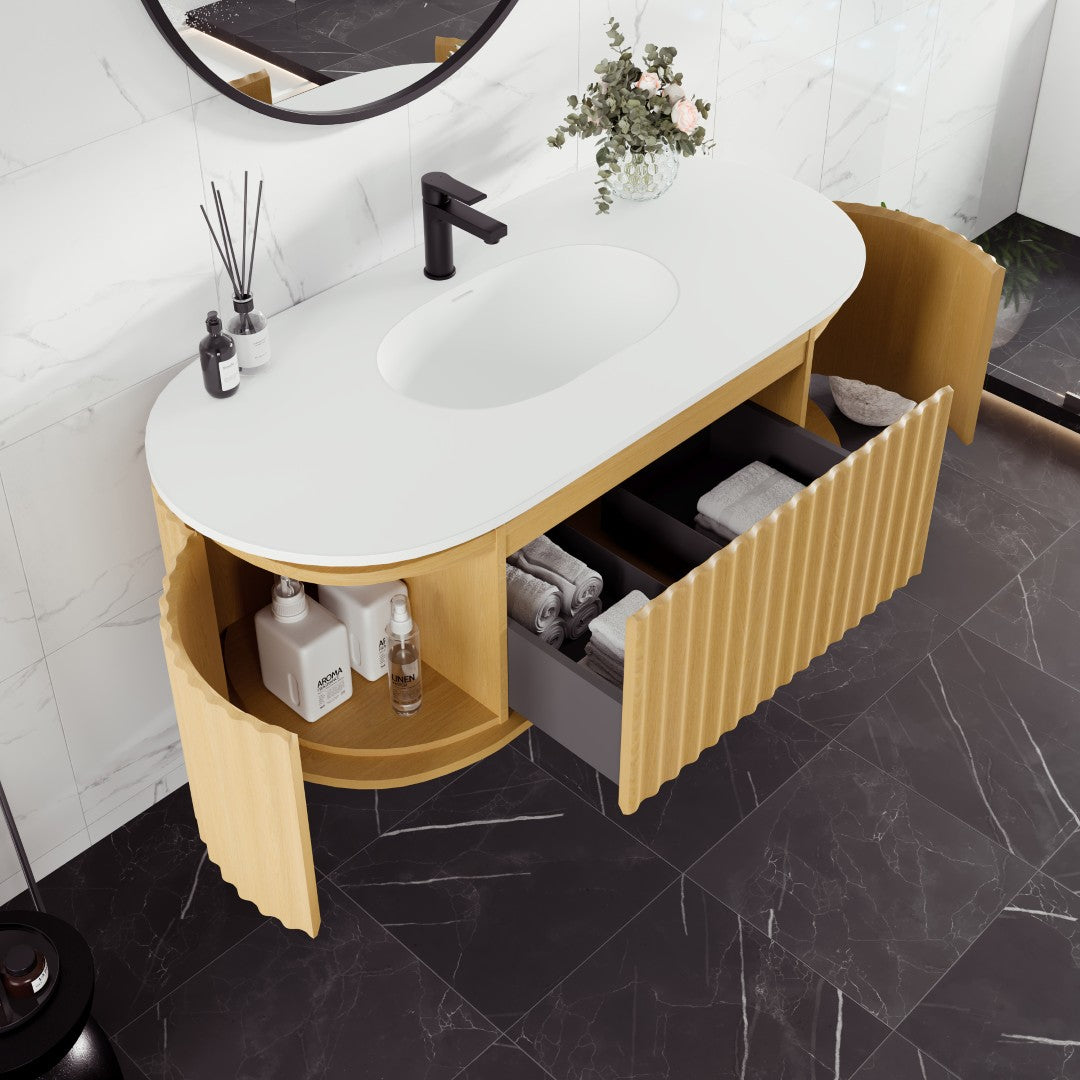 Haven 48 in. Natural Oak Wall Mount Single Sink Bath Vanity with Solid Surface Top and Integrated Sink