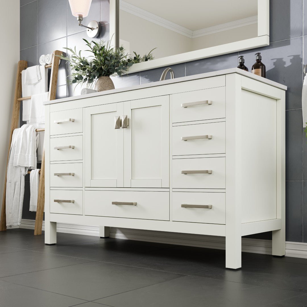Aberdeen 54 in. White Single Sink Bath Vanity with Carrara Quartz Top and Undermount Porcelain Sink - Bathroom Vanity by Eviva