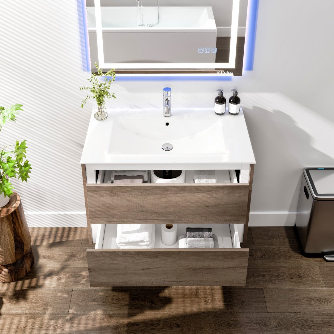 Luna 32 in. Gray Oak Wall Mount Single Sink Bath Vanity with Porcelain Top and Integrated Sink