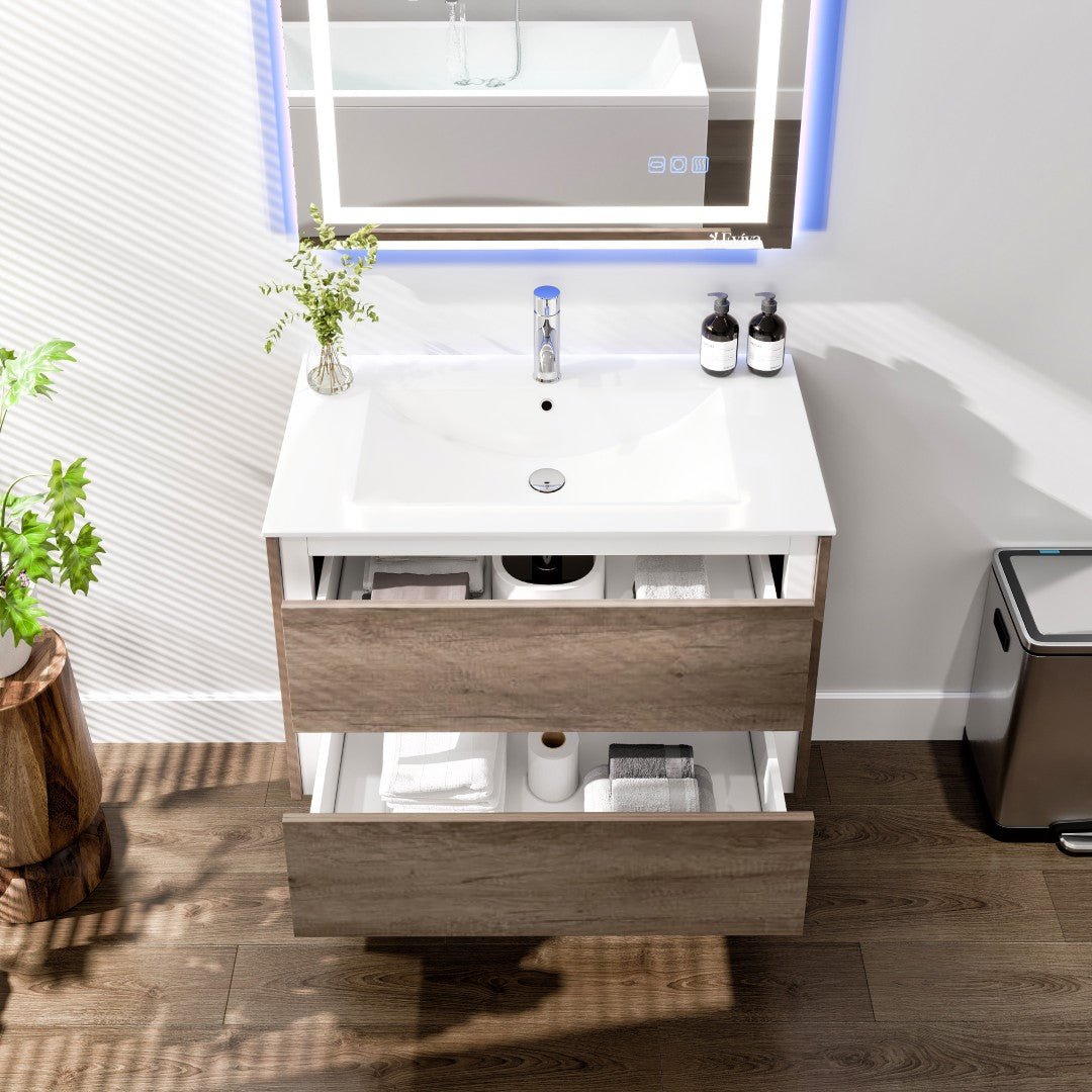 Luna 32 in. Gray Oak Wall Mount Single Sink Bath Vanity with Porcelain Top and Integrated Sink - Bathroom Vanity by Eviva