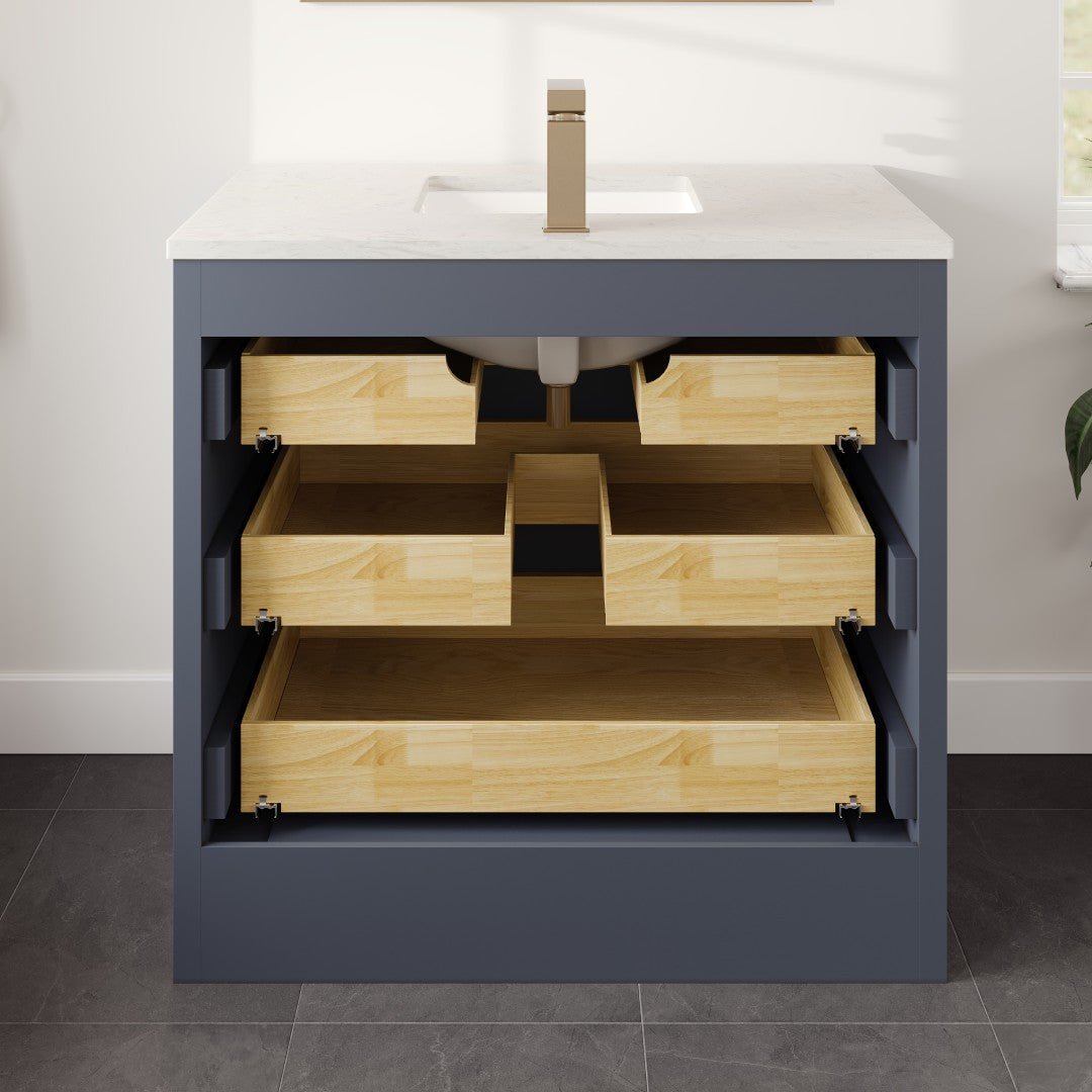 Curio 36 in. Dark Blue Single Sink Bath Vanity with Carrara Quartz Top and Undermount Porcelain Sink - Bathroom Vanity by Eviva
