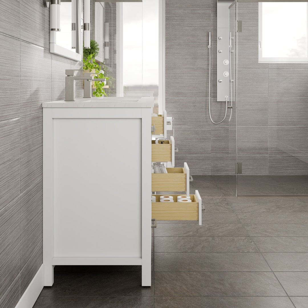 London 48 in. White Double Sink Bath Vanity with Carrara Quartz Top and Undermount Porcelain Sinks