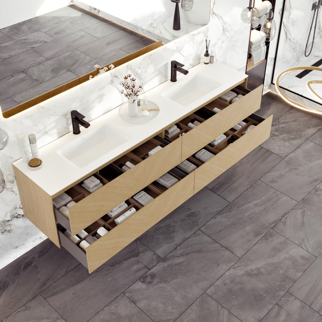 Lotus 71 in. Natural Oak Wall Mount Double Sink Bath Vanity with Solid Surface Top and Integrated Sinks